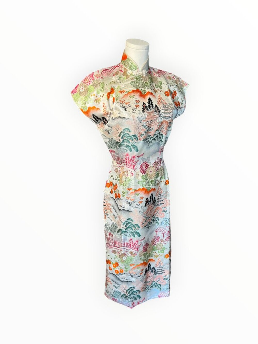 Vintage Brocade Cheongsam Qipao Midi Dress Asian Landscape Medium